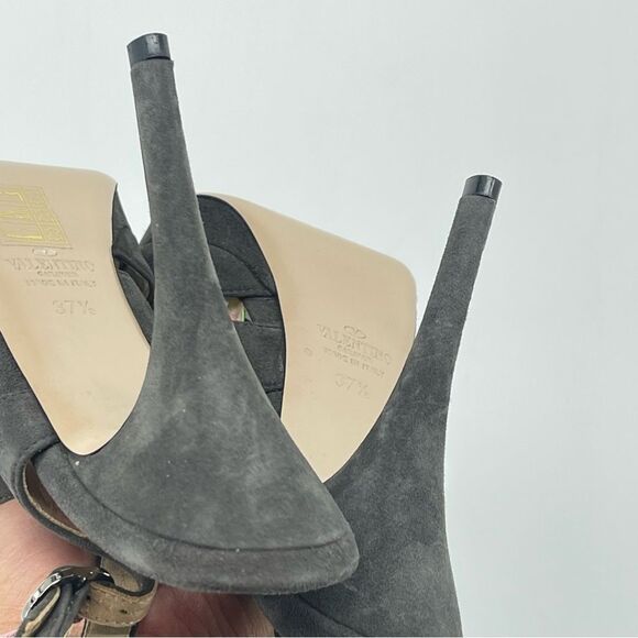 Valentino Grey Suede Floral Ruffle Slingback Platform Stiletto Heels US 7.5 - Picture 13 of 16